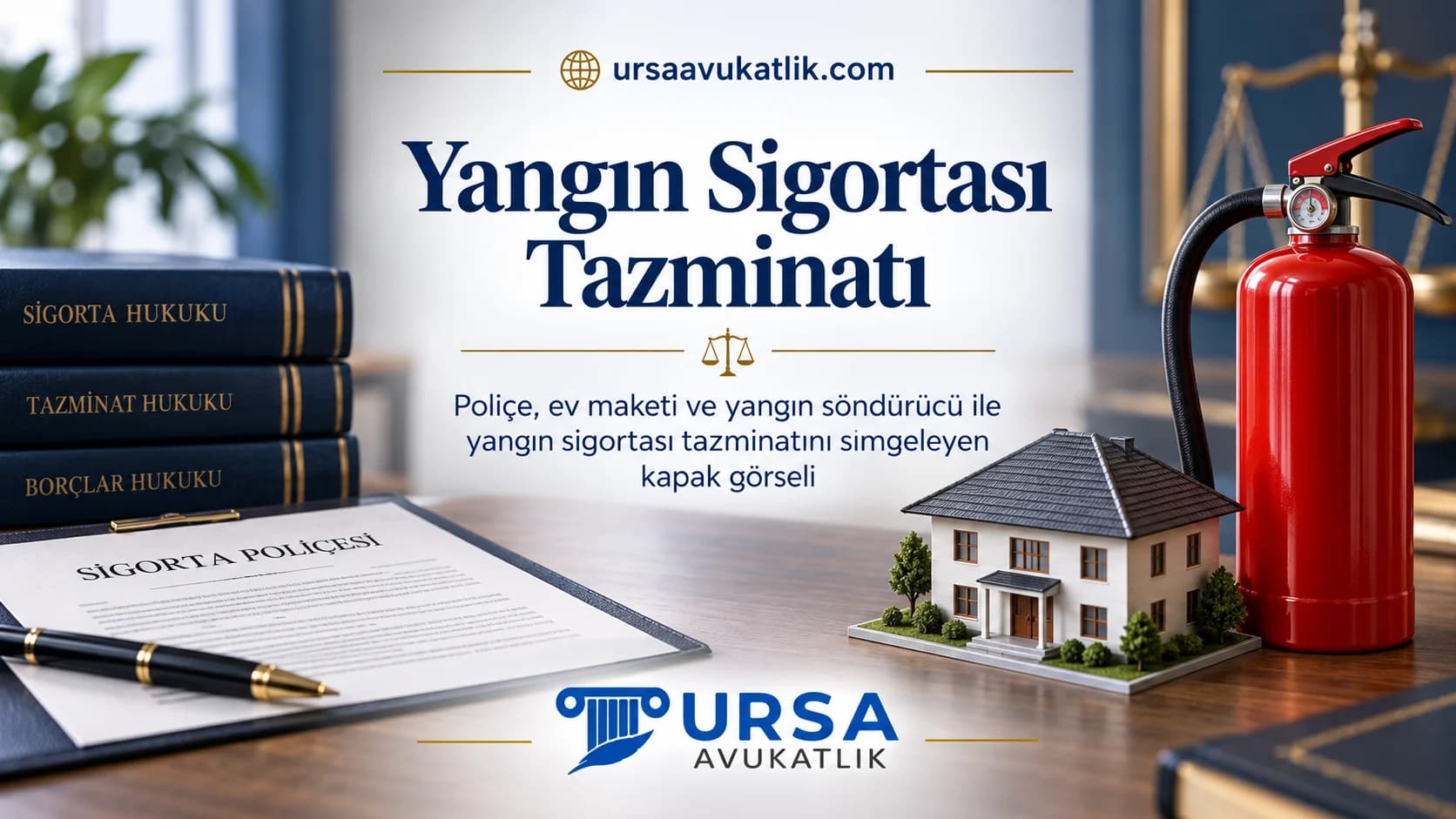 Sigorta poliçesi, ev maketi ve yangın söndürücü ile yangın sigortası tazminatını simgeleyen kapak görseli
