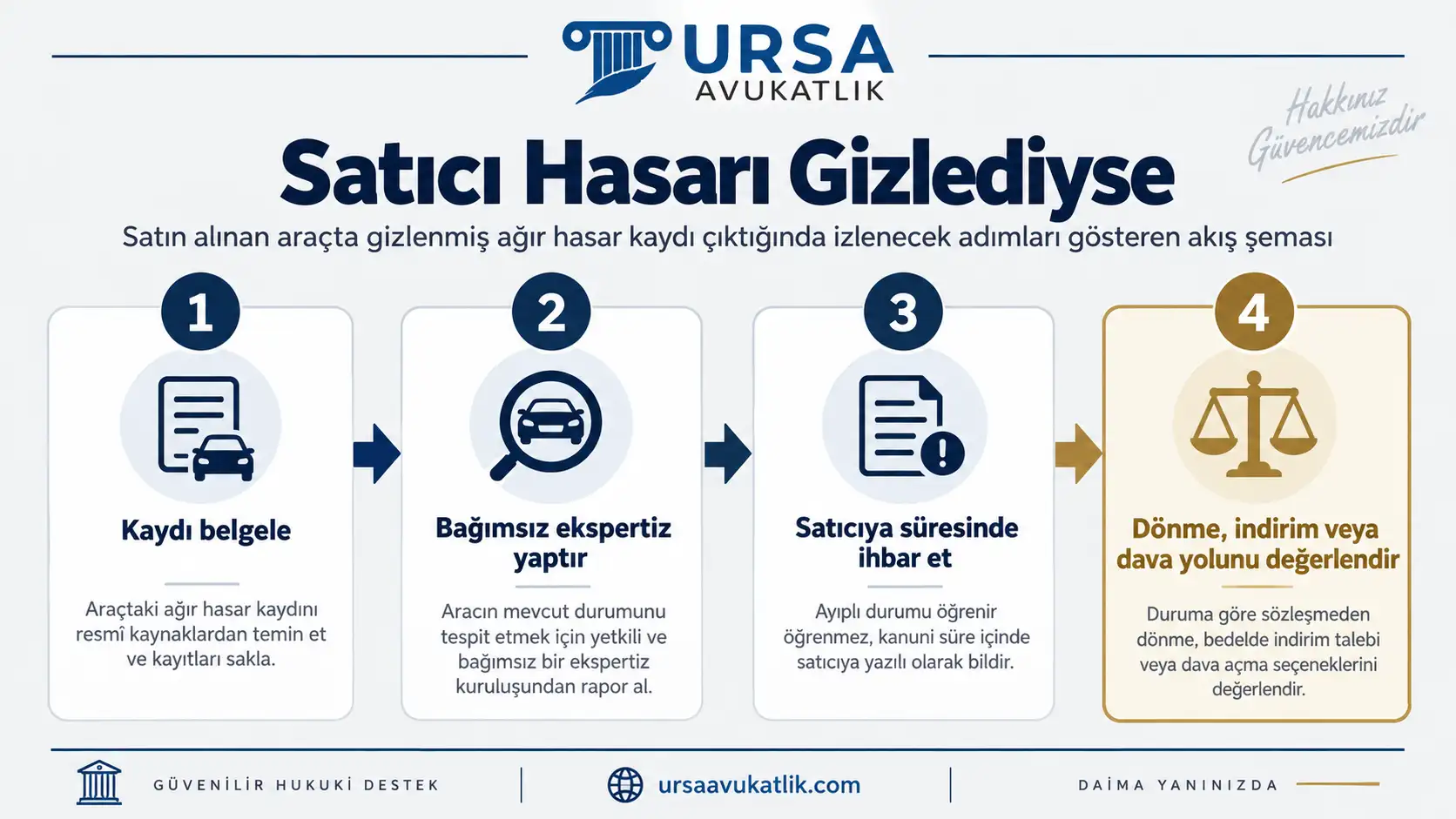 Satın alınan araçta gizlenmiş ağır hasar kaydı çıktığında izlenecek adımları gösteren akış şeması