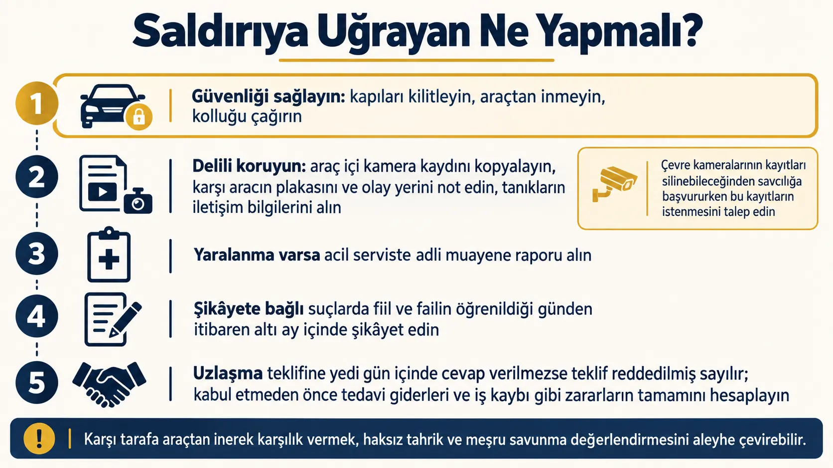 Trafikte saldırıya uğrayan kişinin güvenlik, delil, rapor, şikâyet ve uzlaşma aşamalarında atacağı adımları gösteren şema