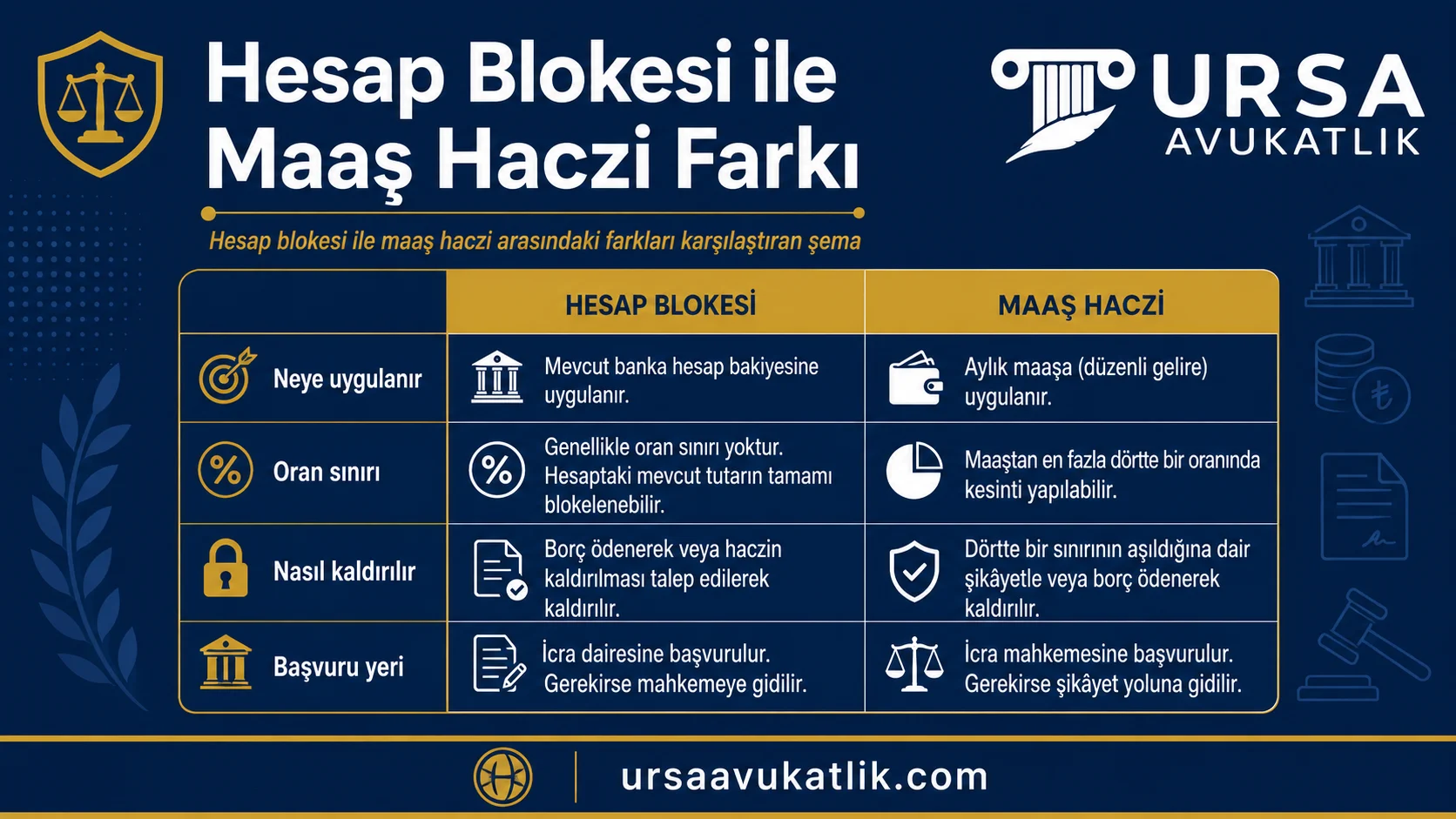 Hesap blokesi ile maaş haczi arasındaki farkları karşılaştıran şema