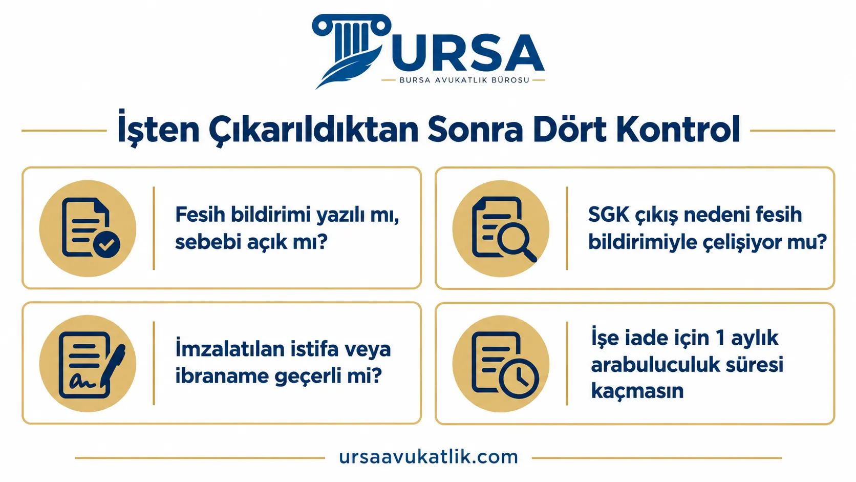 İşten çıkarılan işçinin fesihten sonra kontrol etmesi gereken dört noktayı gösteren şema
