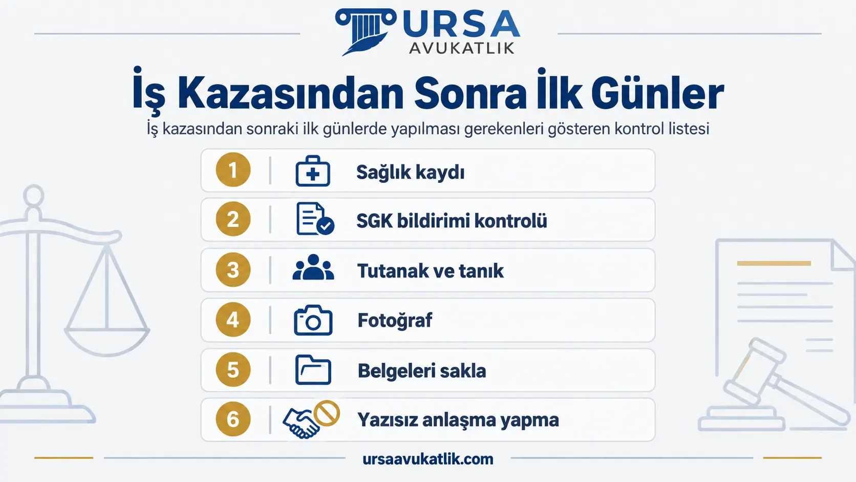 İş kazasından sonraki ilk günlerde yapılması gerekenleri gösteren kontrol listesi