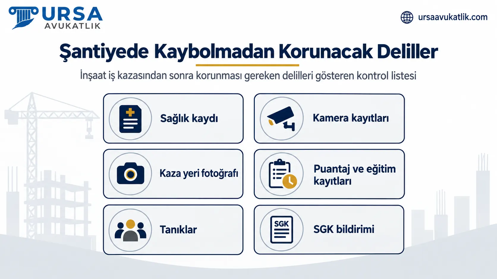 İnşaat iş kazasından sonra korunması gereken delilleri gösteren kontrol listesi