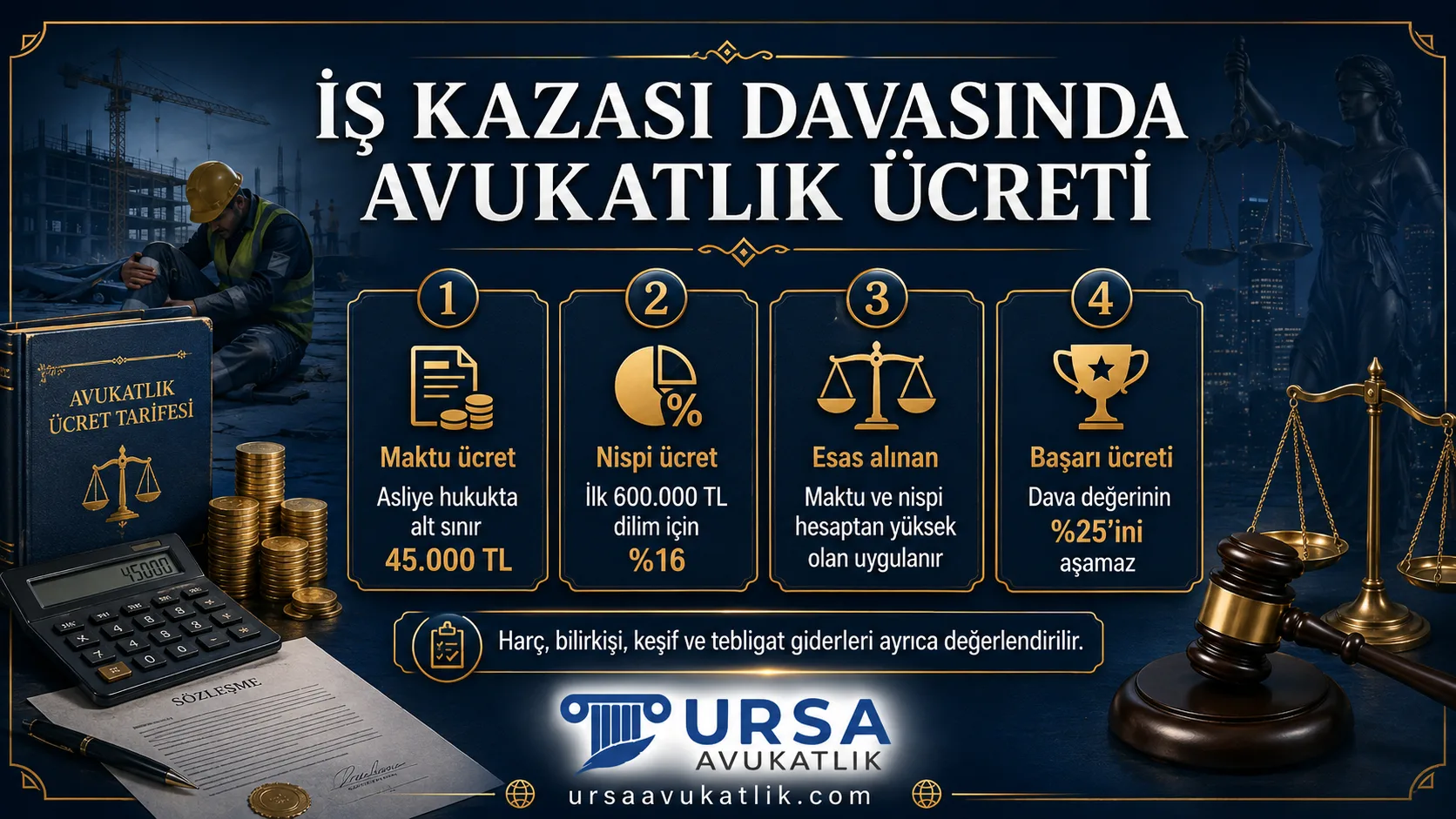 İş kazası davasında avukatlık ücretinin nasıl belirlendiğini gösteren şema