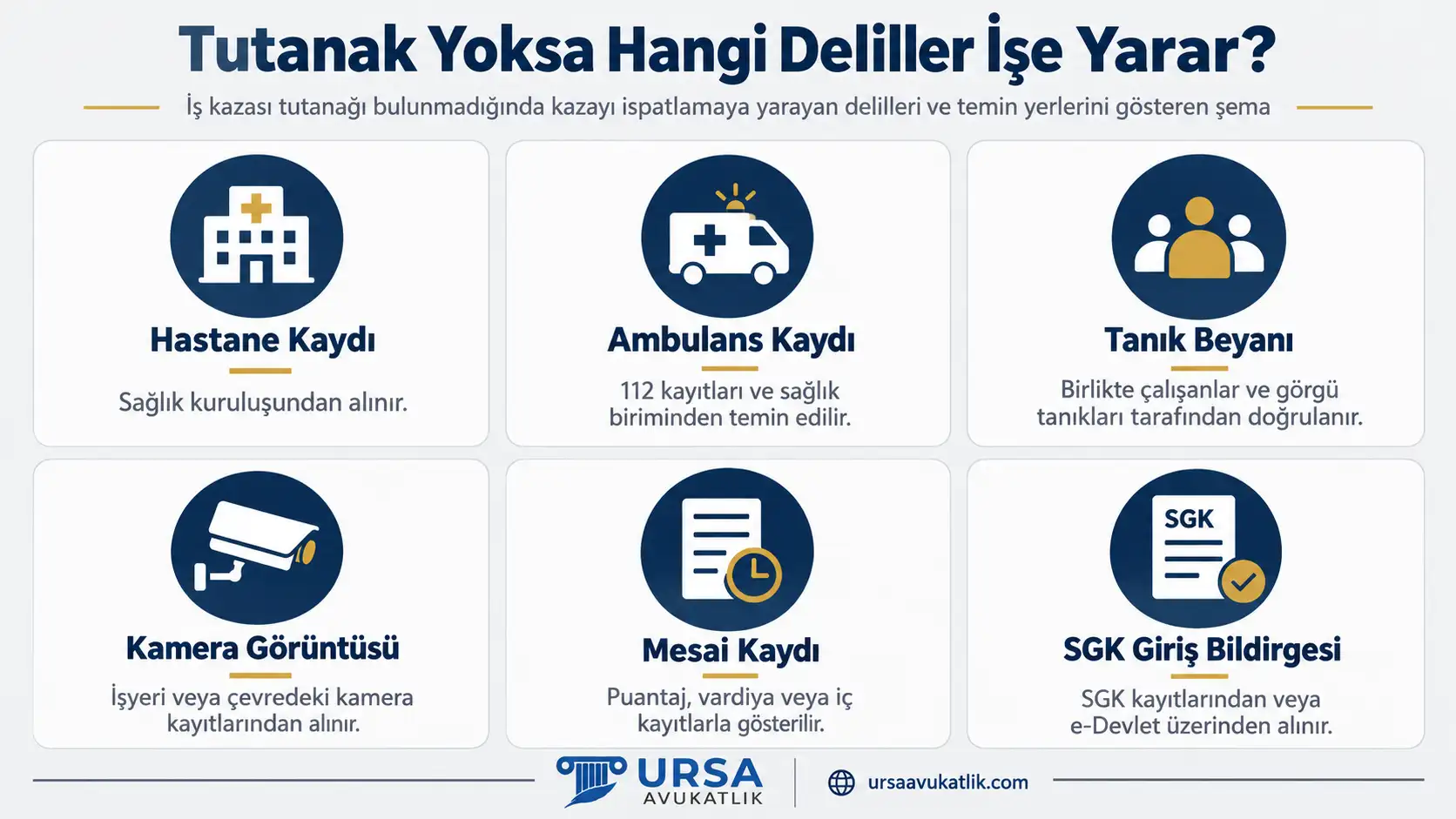 İş kazası tutanağı yokken kazayı ispatlamaya yarayan hastane, ambulans, tanık, kamera, mesai ve SGK kayıtlarını gösteren şema