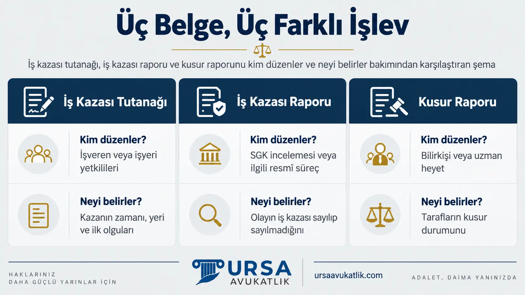 İş kazası tutanağı, iş kazası raporu ve kusur raporunu kimin düzenlediği ve neyi belirlediği bakımından karşılaştıran şema