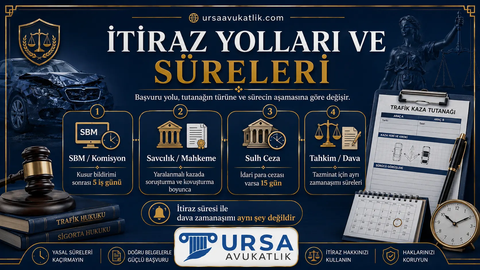 Kaza tespit tutanağına itiraz yollarını ve sürelerini gösteren şema