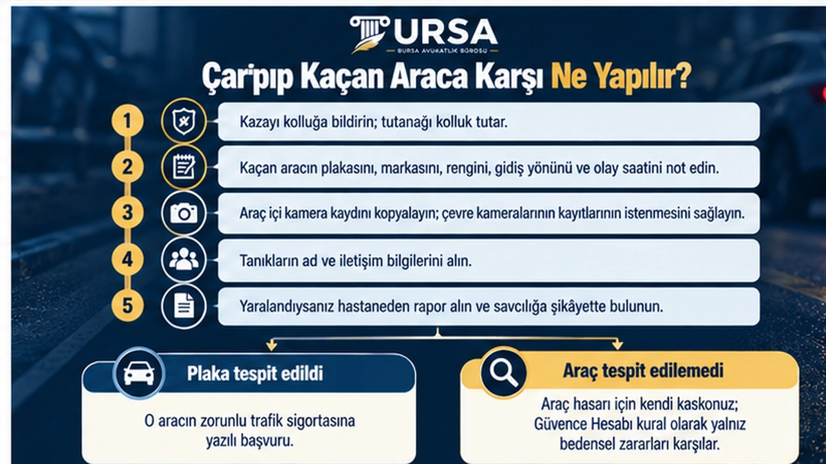 Çarpıp kaçan araç karşısında zarar görenin bildirimden sigorta başvurusuna kadar atacağı adımları gösteren şema