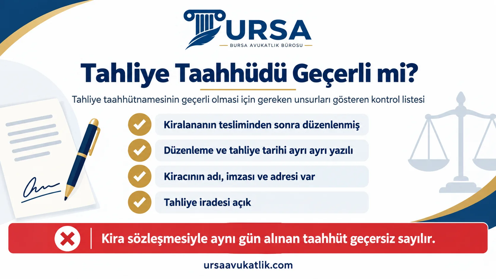 Tahliye taahhütnamesinin geçerli olması için gereken unsurları gösteren kontrol listesi