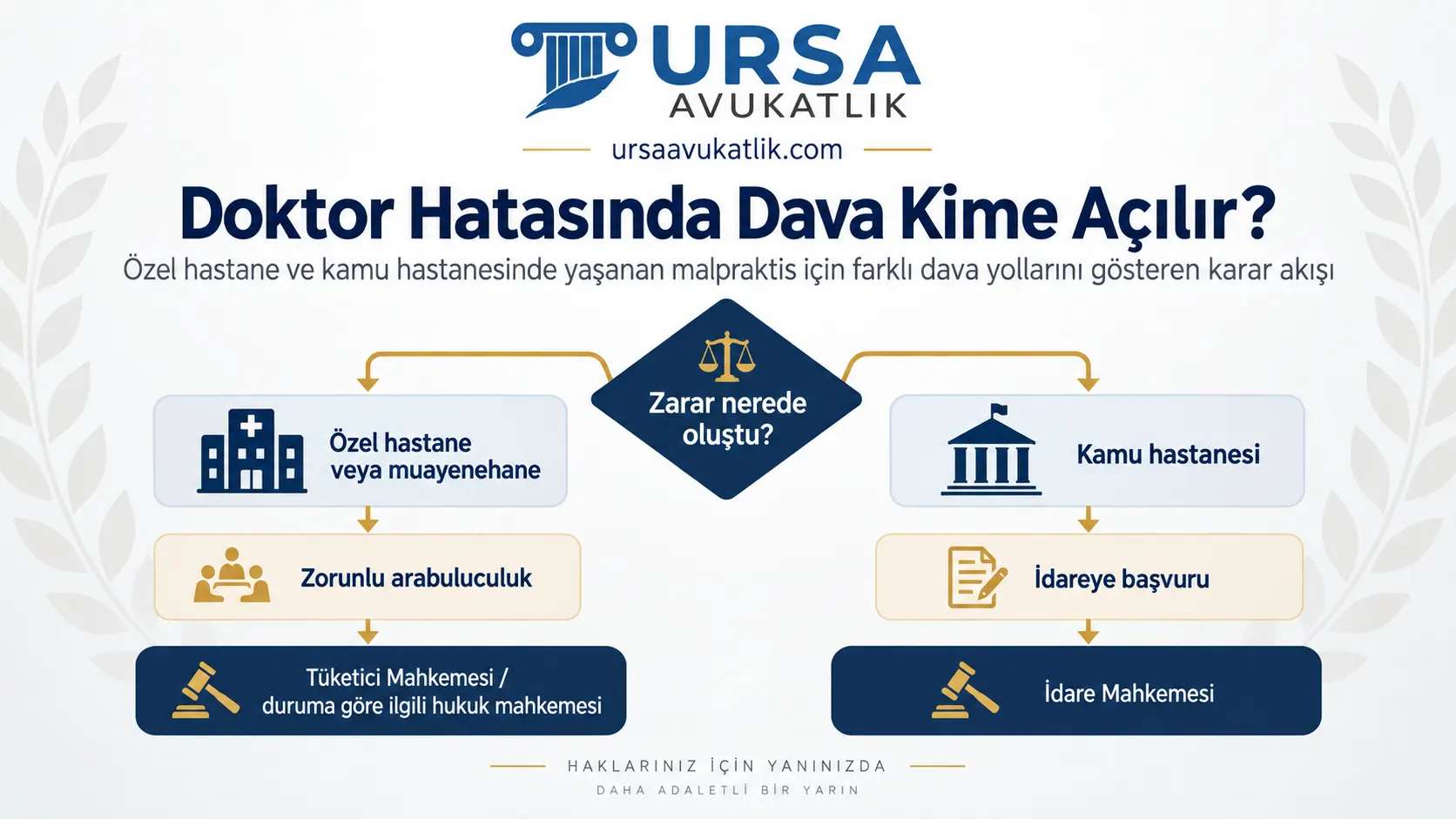 Özel hastane ve kamu hastanesinde yaşanan malpraktis için farklı dava yollarını gösteren karar akışı