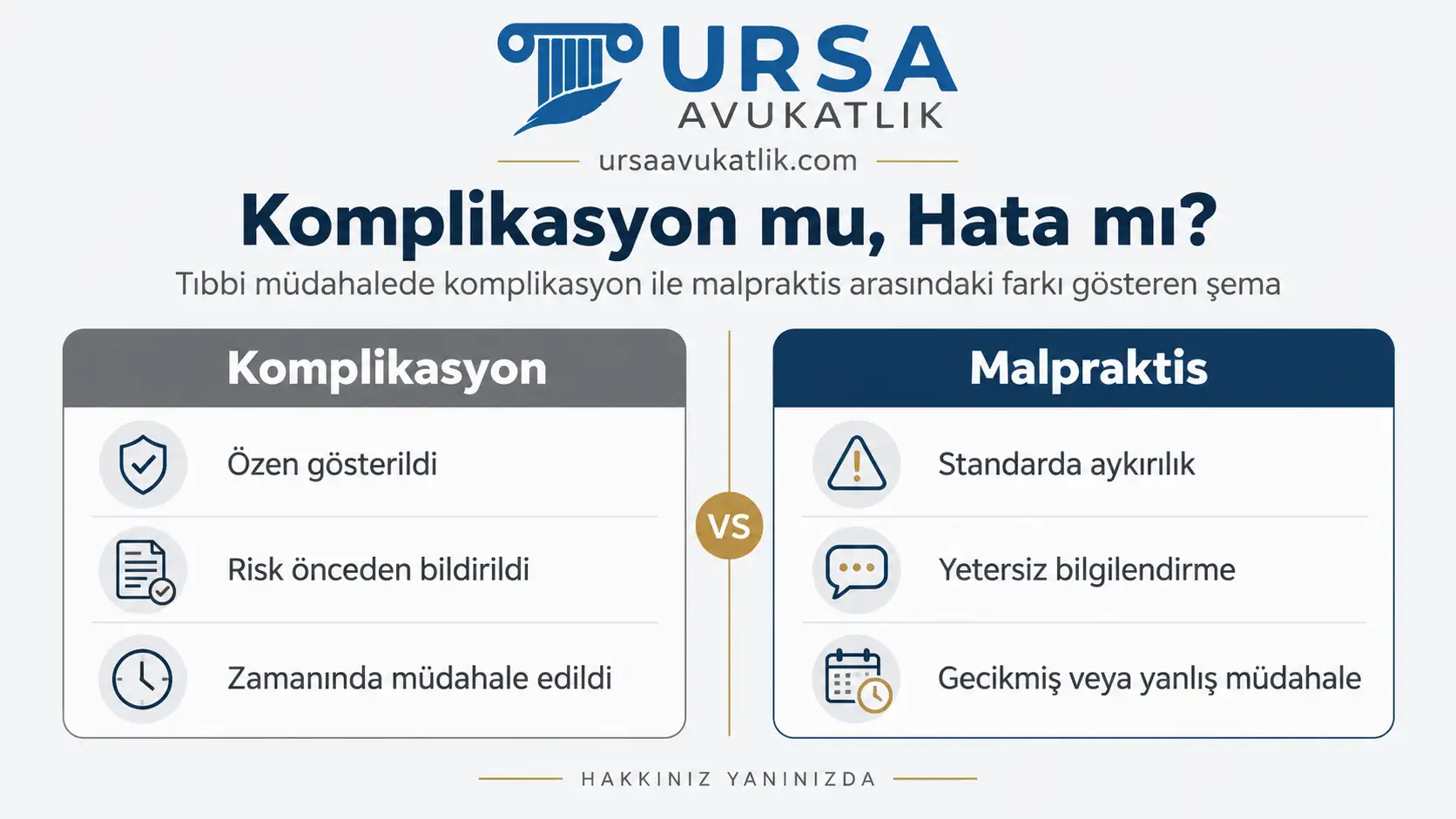 Tıbbi müdahalede komplikasyon ile malpraktis arasındaki farkı gösteren şema