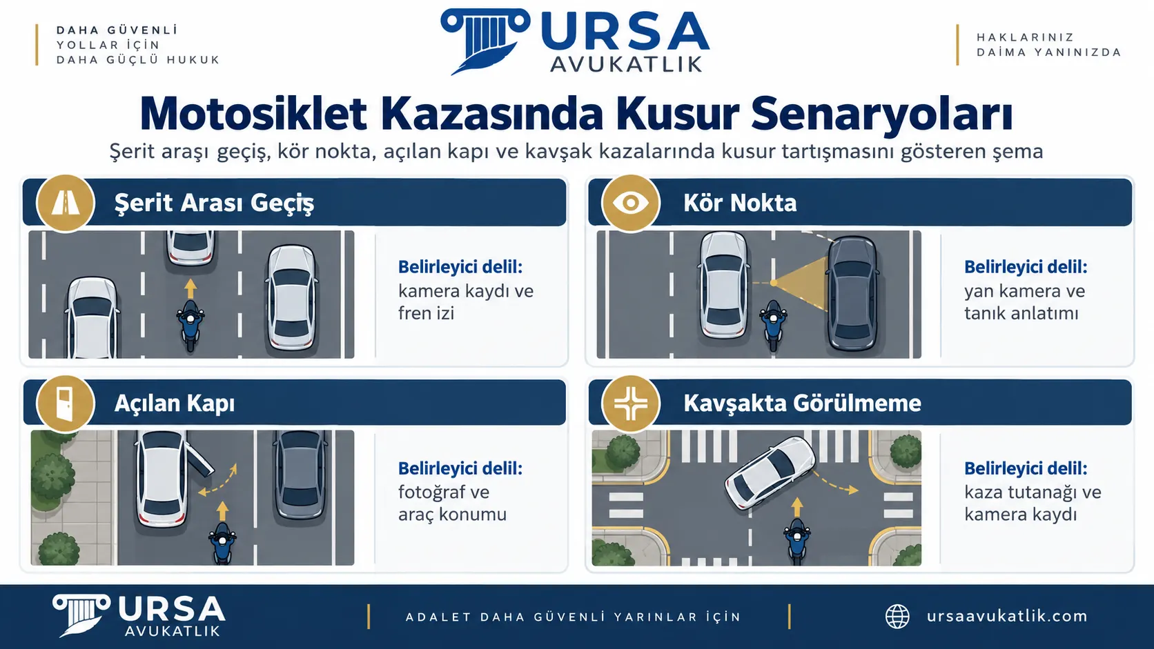 Şerit arası geçiş, kör nokta, açılan kapı ve kavşak kazalarında kusur tartışmasını gösteren şema