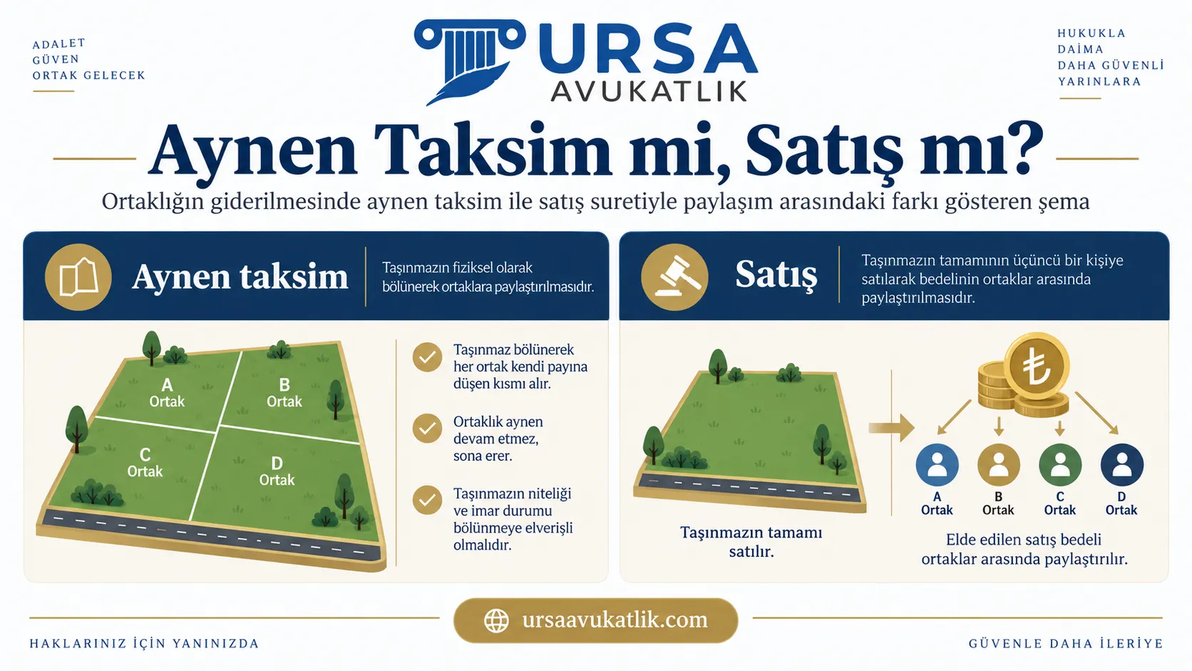 Ortaklığın giderilmesinde aynen taksim ile satış suretiyle paylaşım arasındaki farkı gösteren şema