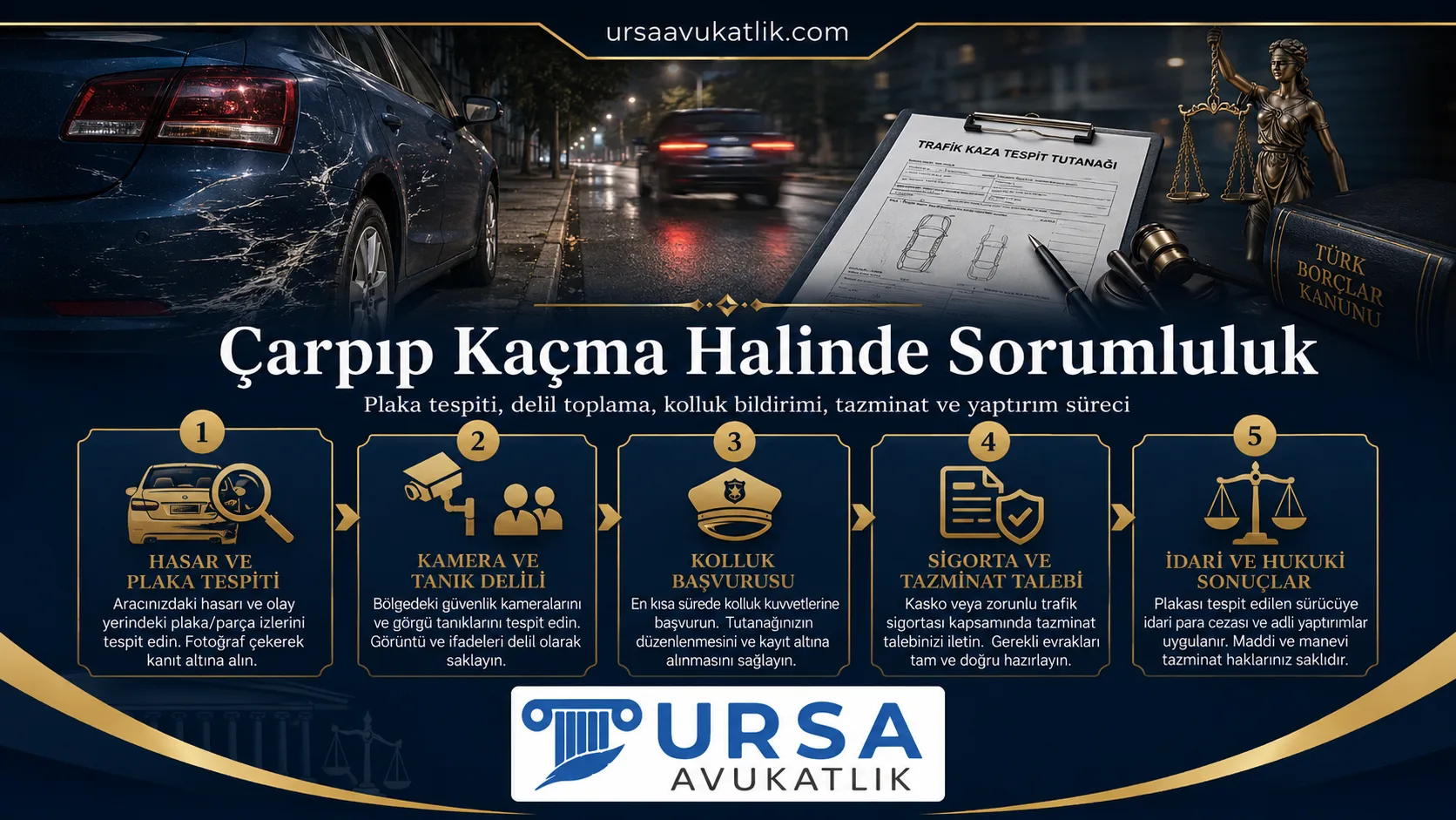 Çarpıp kaçma hâlinde doğan sorumluluk türlerini gösteren şema