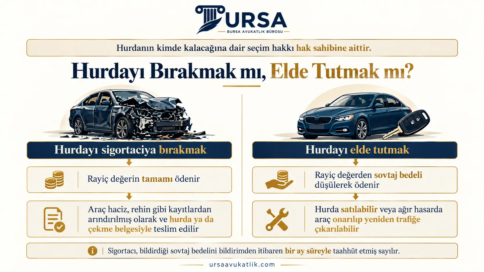 Pert araçta hurdayı sigortacıya bırakma ile elde tutmanın tazminata etkisini karşılaştıran şema