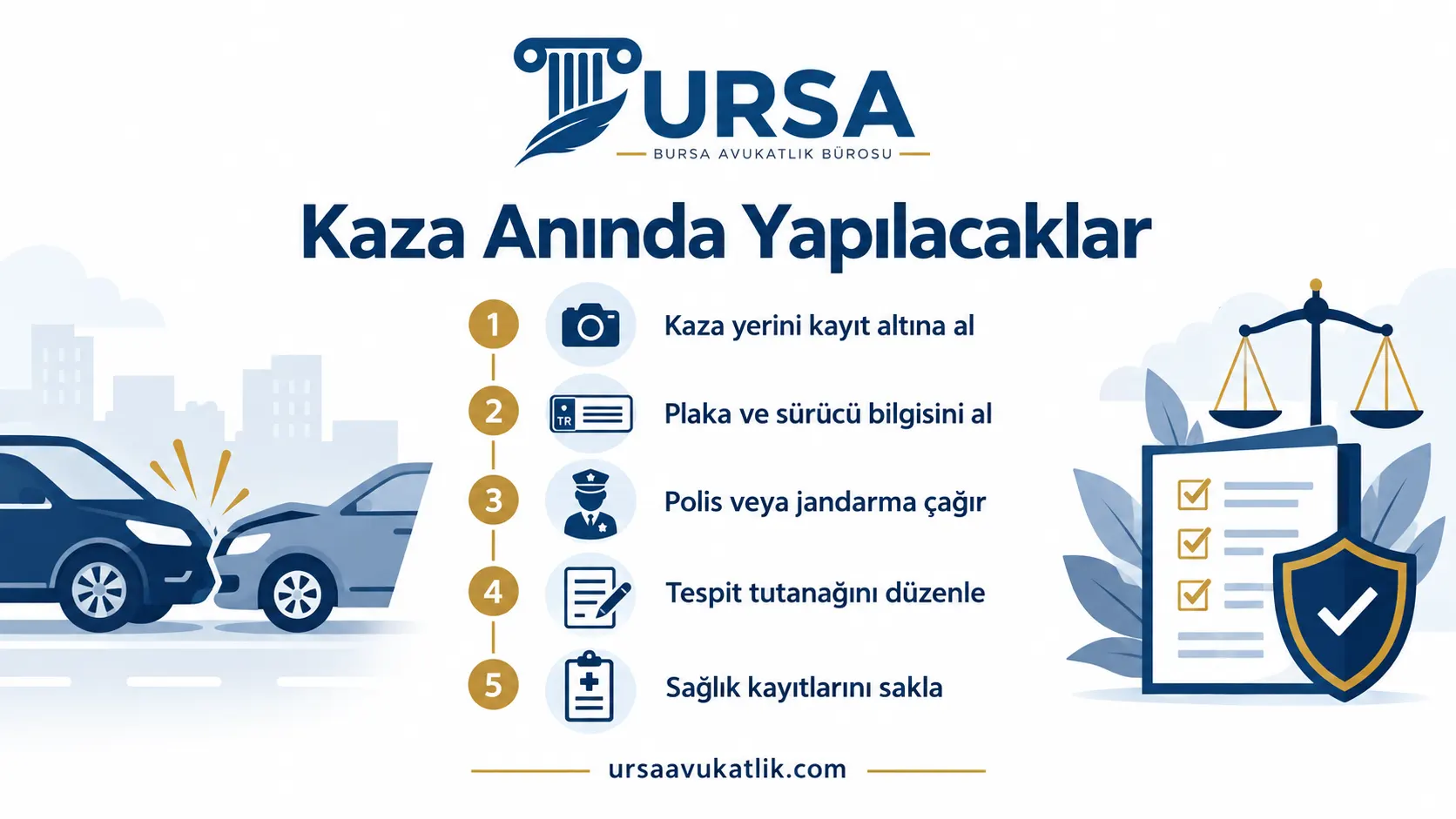 Sigortasız araçla kazada kaza anında yapılması gerekenleri gösteren kontrol listesi