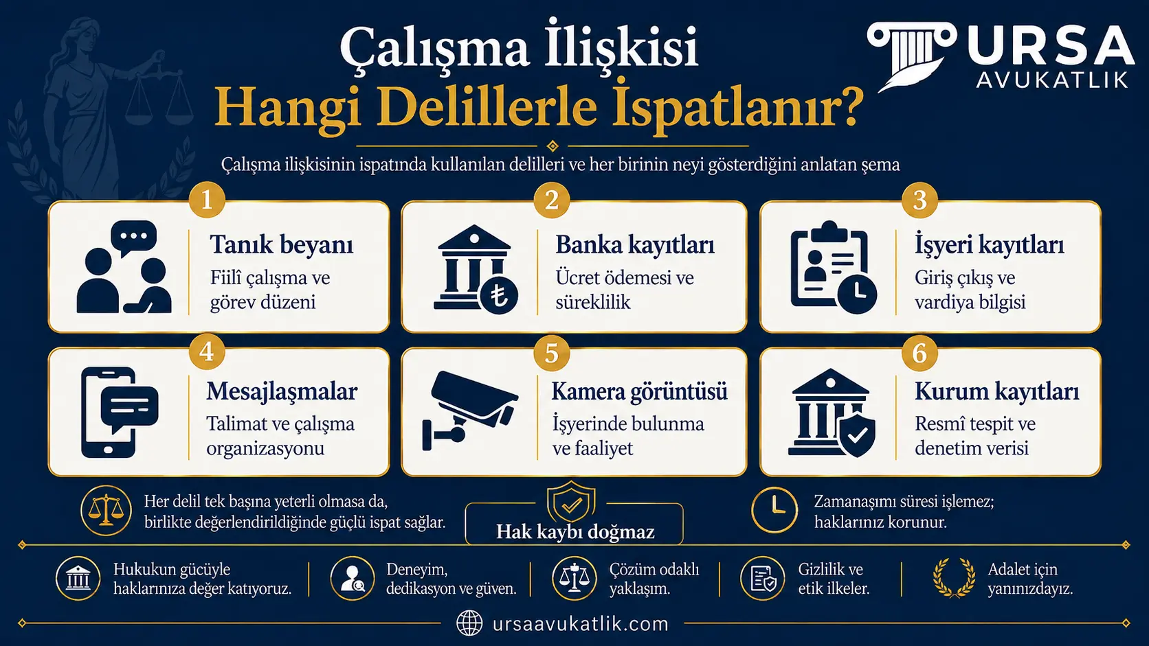 Çalışma ilişkisinin ispatında kullanılan delilleri ve her birinin neyi gösterdiğini anlatan şema
