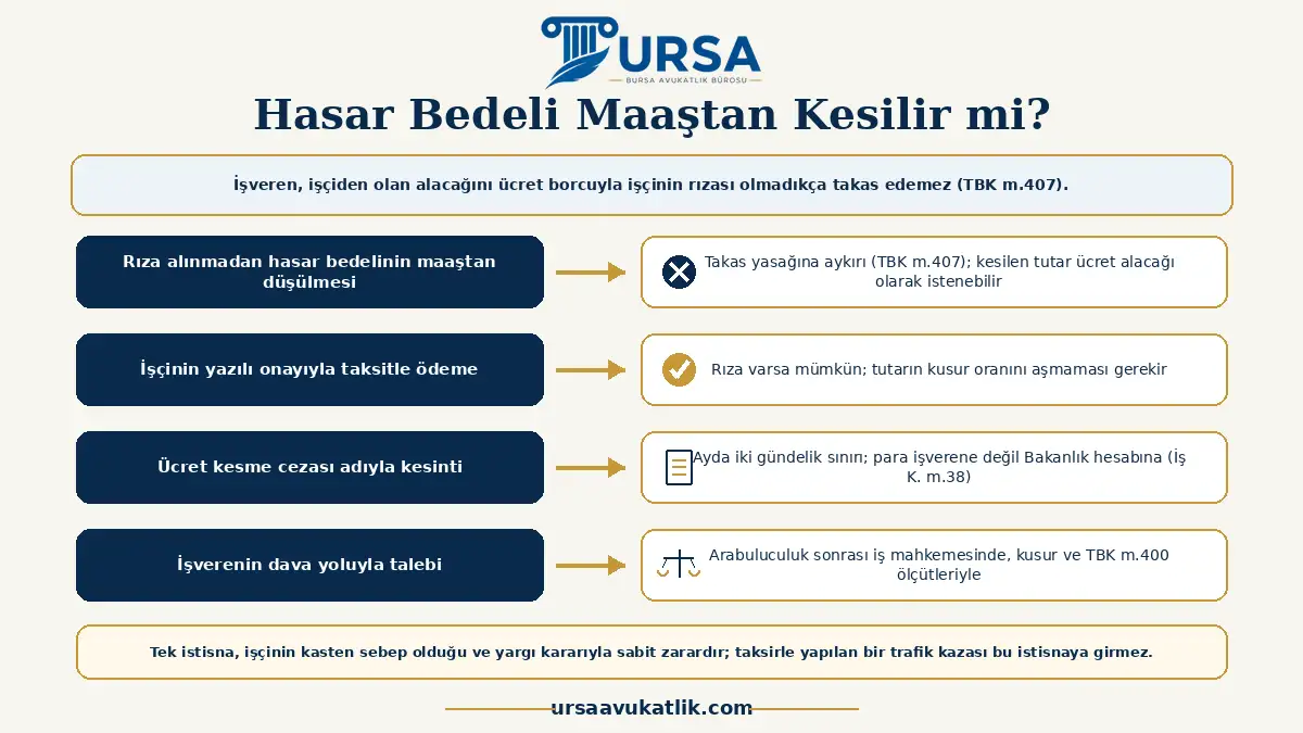 Şirket aracı hasarının çalışanın maaşından rızası olmadan kesilemeyeceğini ve hangi yollarla istenebileceğini gösteren şema