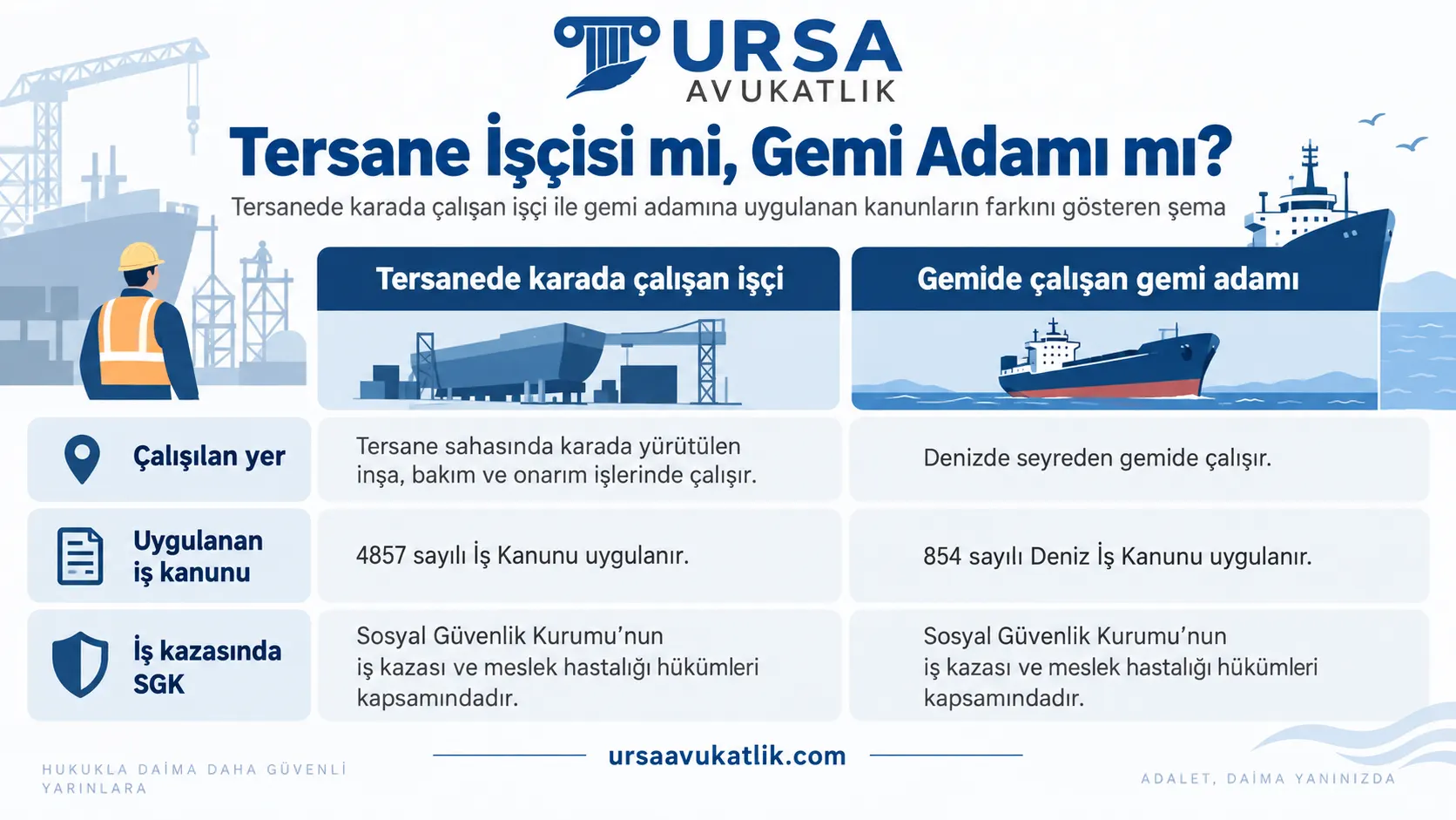 Tersanede karada çalışan işçi ile gemi adamına uygulanan kanunların farkını gösteren şema