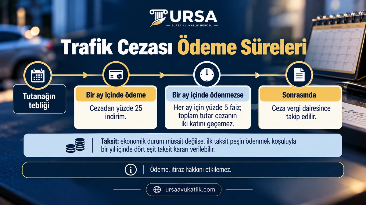 Trafik cezasında bir aylık indirimli ödeme süresini, gecikme faizini ve taksit imkânını gösteren zaman çizgisi