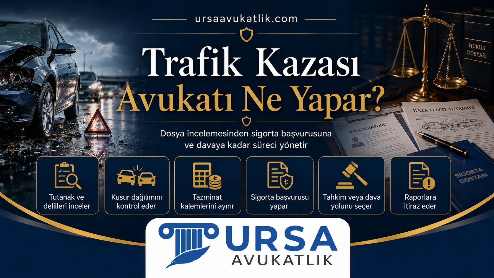 Trafik kazası avukatının üstlendiği işleri gösteren şema