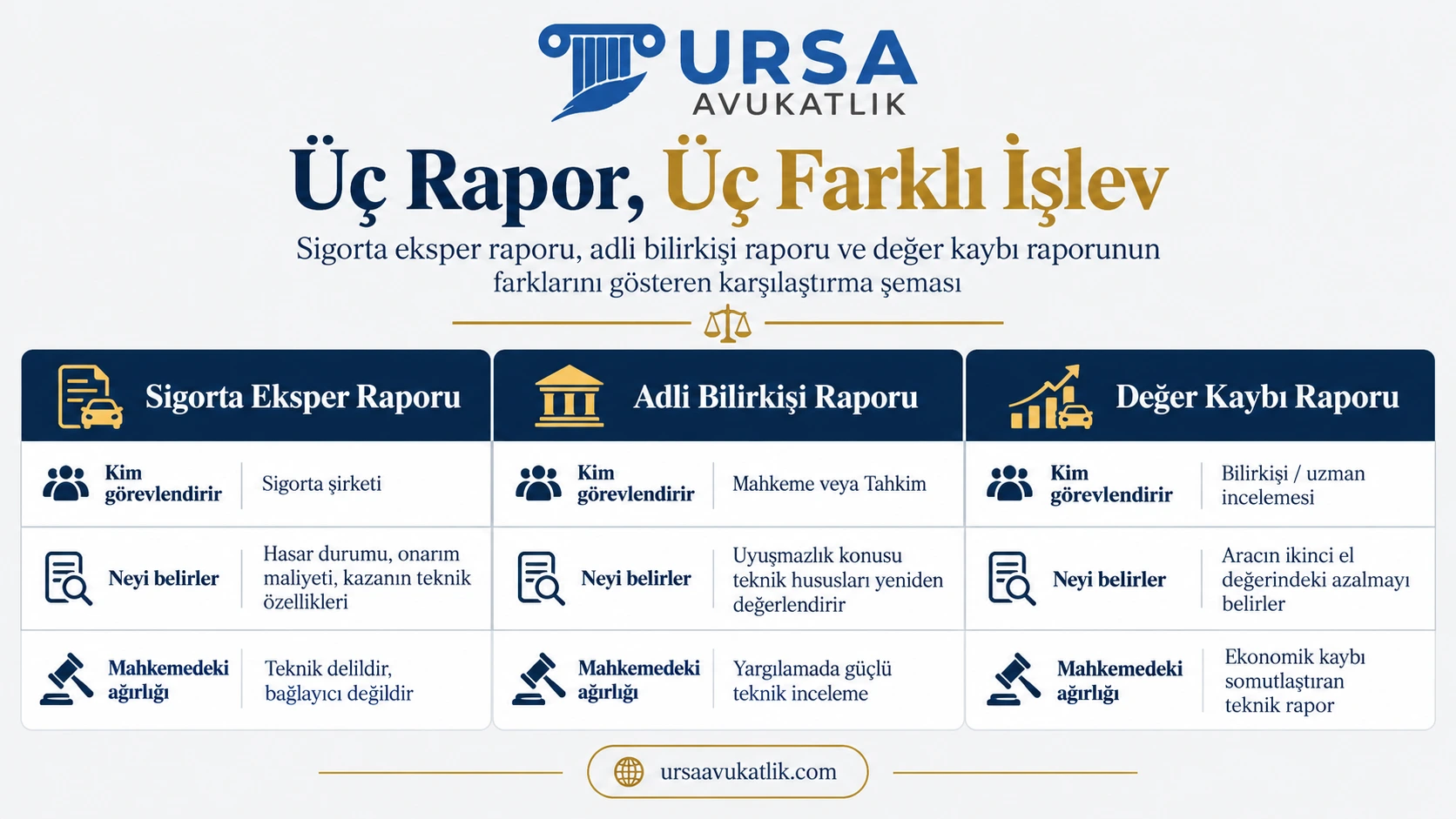 Sigorta eksper raporu, adli bilirkişi raporu ve değer kaybı raporunu kim görevlendirir, neyi belirler ve mahkemedeki ağırlığı bakımından karşılaştıran şema