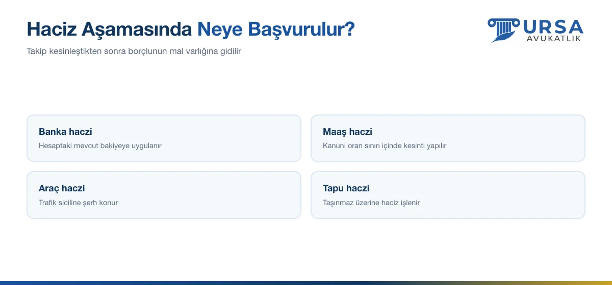 Haciz aşamasında başvurulan haciz türlerini gösteren şema