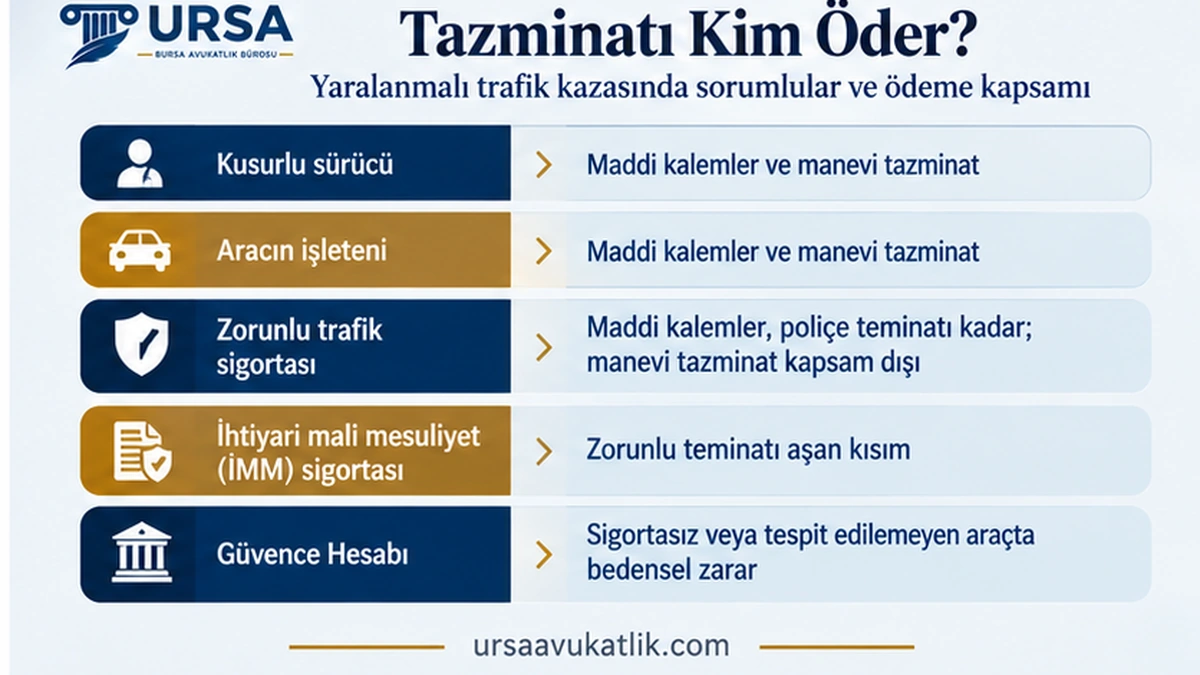Yaralanmalı trafik kazasında sürücü, işleten, sigorta ve Güvence Hesabı'nın neyi ödediğini gösteren şema